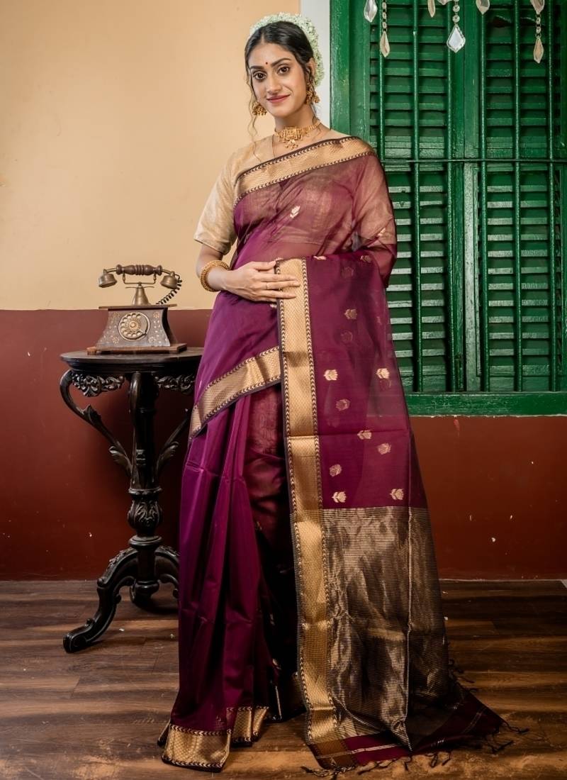 wine hand woven silk blend cotton zari work all seasons sarees
