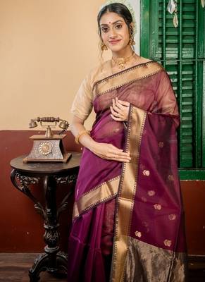wine hand woven silk blend cotton zari work all seasons sarees 2