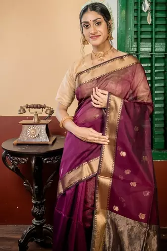 wine hand woven silk blend cotton zari work all seasons sarees