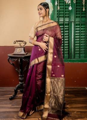 wine hand woven silk blend cotton zari work all seasons sarees 3
