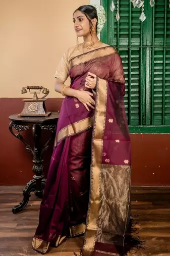 wine hand woven silk blend cotton zari work all seasons sarees