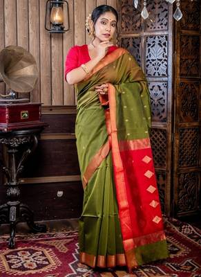 green hand woven silk blend cotton zari work all seasons sarees 1