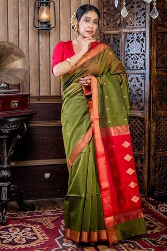 green hand woven silk blend cotton zari work all seasons sarees