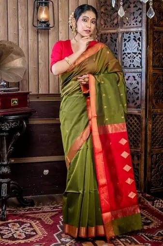 green hand woven silk blend cotton zari work all seasons sarees