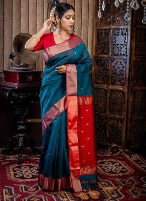 green hand woven silk blend cotton zari work all seasons sarees 1