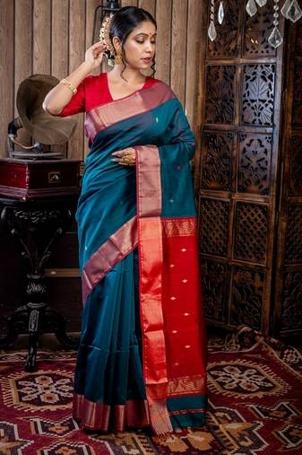 green hand woven silk blend cotton zari work all seasons sarees