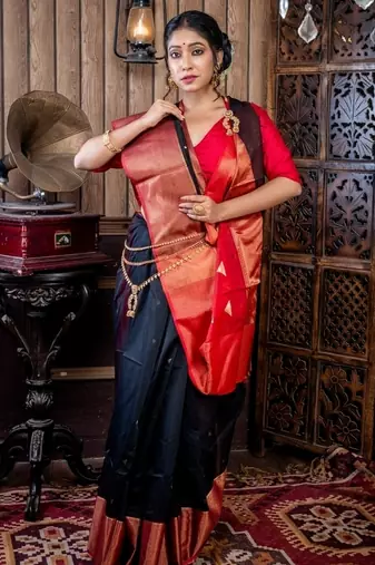 black hand woven silk blend cotton zari work all seasons sarees