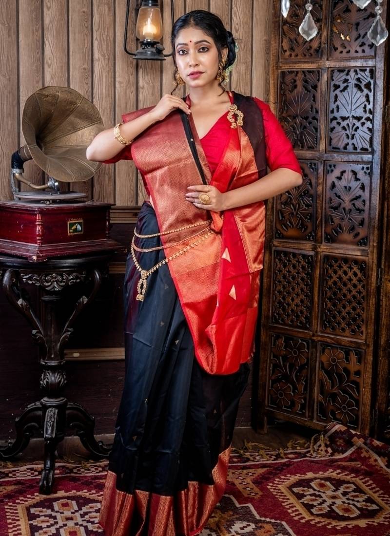 black hand woven silk blend cotton zari work all seasons sarees