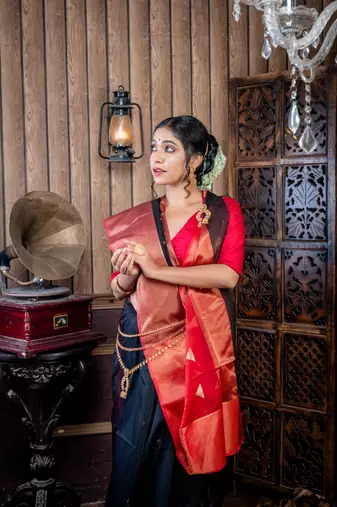 black hand woven silk blend cotton zari work all seasons sarees