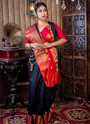 black hand woven silk blend cotton zari work all seasons sarees 3