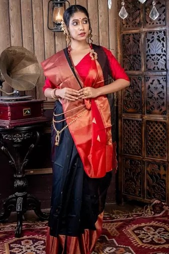 black hand woven silk blend cotton zari work all seasons sarees