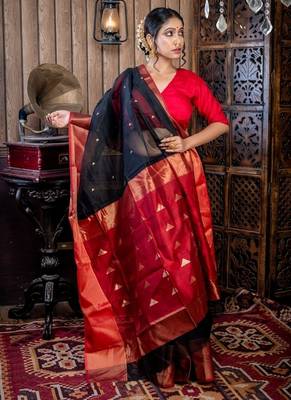 black hand woven silk blend cotton zari work all seasons sarees 4
