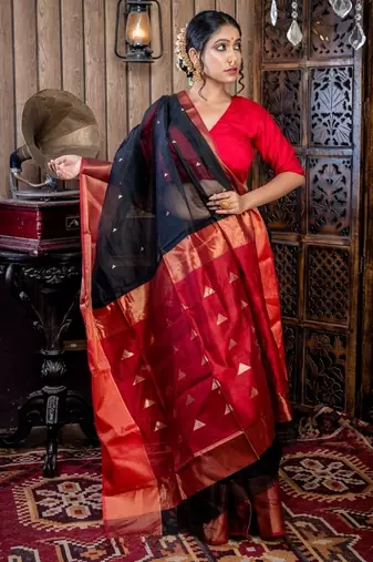 black hand woven silk blend cotton zari work all seasons sarees