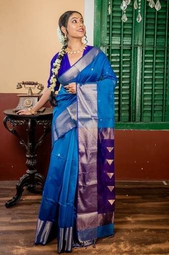 blue hand woven silk blend cotton zari work all seasons sarees