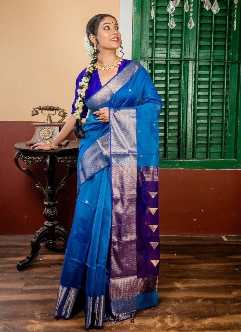 blue hand woven silk blend cotton zari work all seasons sarees