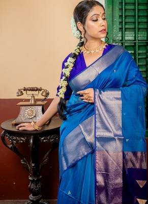 blue hand woven silk blend cotton zari work all seasons sarees 2