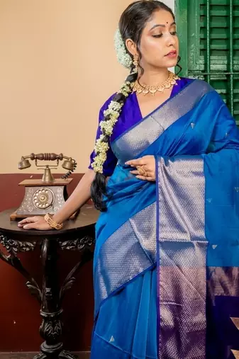 blue hand woven silk blend cotton zari work all seasons sarees
