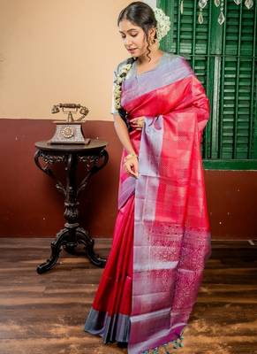 red hand woven silk blend zari work all seasons sarees 3