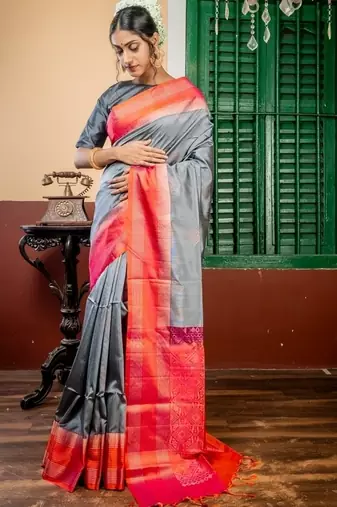 grey hand woven silk blend zari work all seasons sarees
