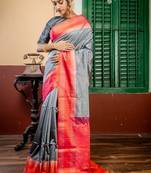 grey hand woven silk blend zari work all seasons sarees