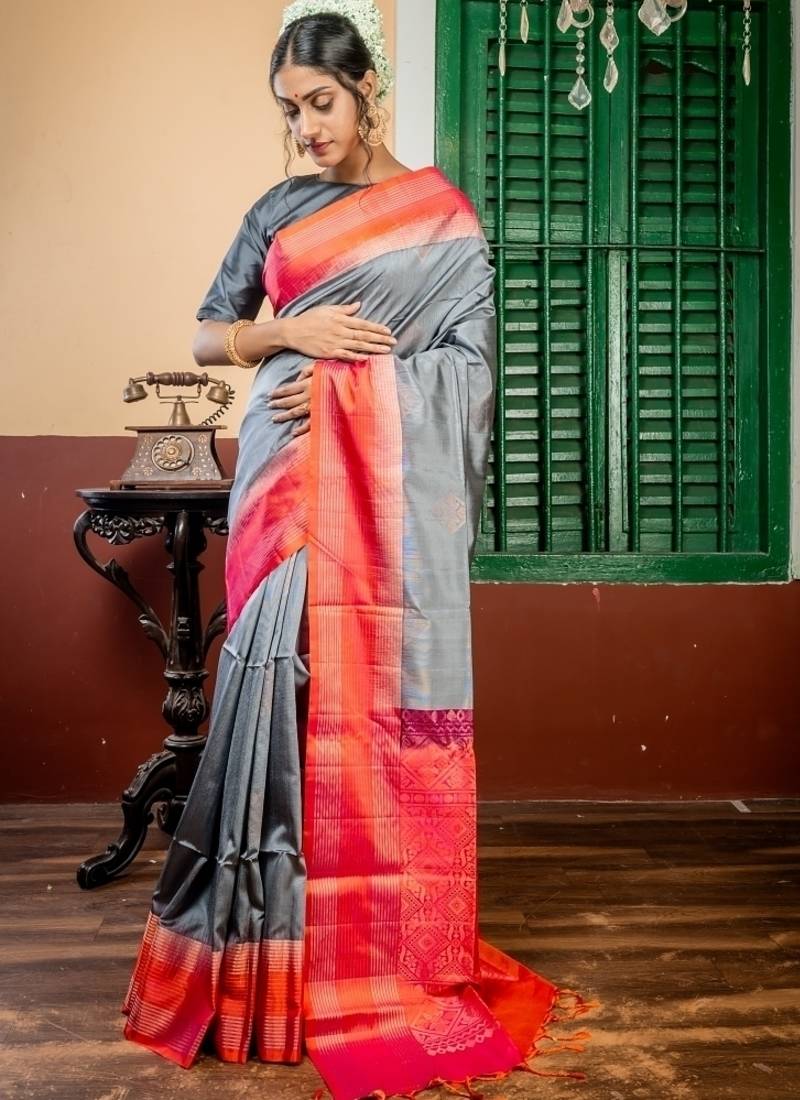 grey hand woven silk blend zari work all seasons sarees