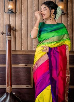 green hand woven silk blend zari work all seasons sarees 2
