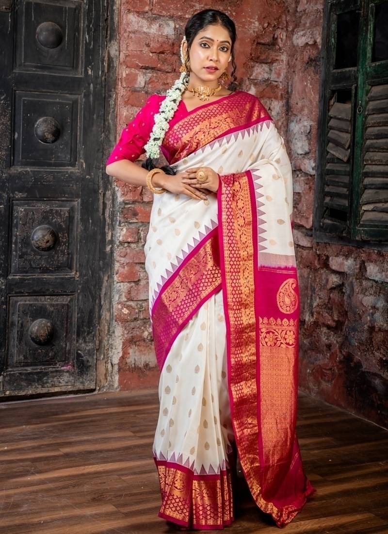 off white hand woven silk blend zari work all seasons sarees