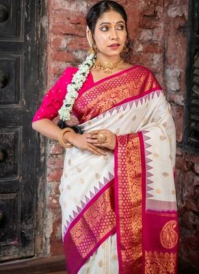off white hand woven silk blend zari work all seasons sarees 2
