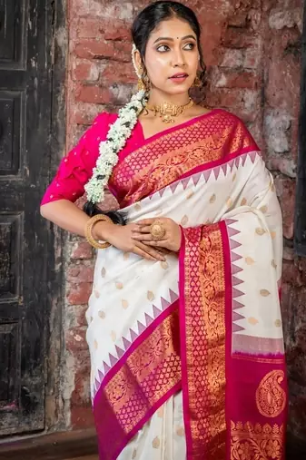 off white hand woven silk blend zari work all seasons sarees