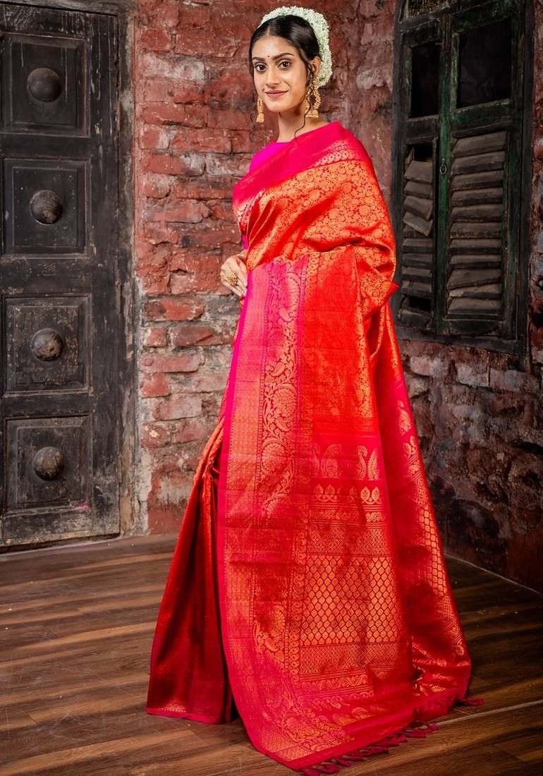 red hand woven silk blend zari work all seasons sarees