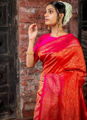 red hand woven silk blend zari work all seasons sarees 2