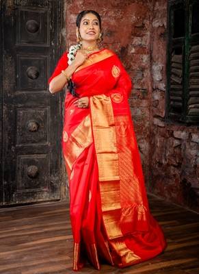 red hand woven silk blend zari work all seasons sarees 1