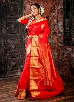 red hand woven silk blend zari work all seasons sarees 3