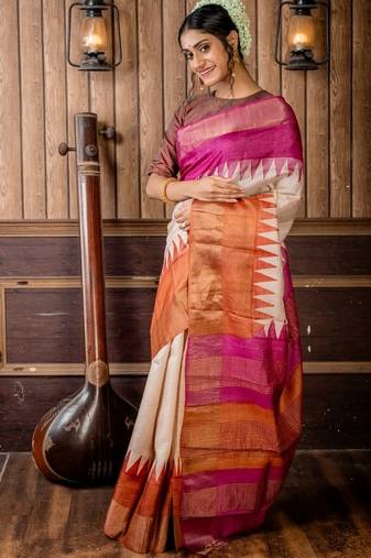 beige woven tussar silk blend zari work all seasons sarees