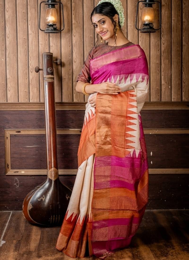 beige woven tussar silk blend zari work all seasons sarees