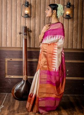 beige woven tussar silk blend zari work all seasons sarees 3