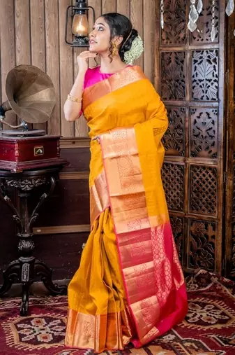 yellow woven faux silk blend blend zari work all seasons sarees