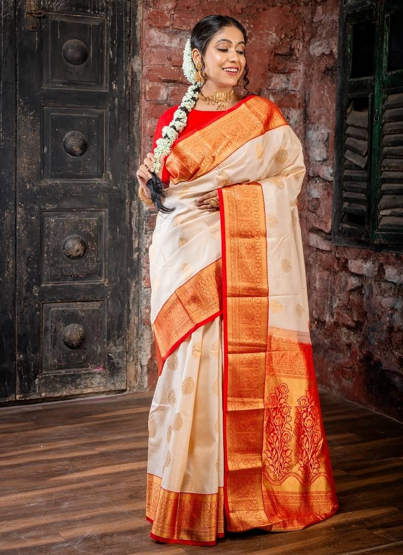 ivory hand woven silk blend zari work all seasons sarees