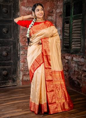 beige hand woven silk blend zari work all seasons sarees 1