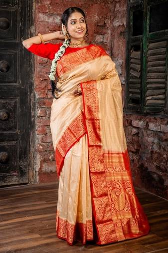 beige hand woven silk blend zari work all seasons sarees