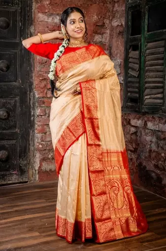 beige hand woven silk blend zari work all seasons sarees