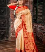beige hand woven silk blend zari work all seasons sarees