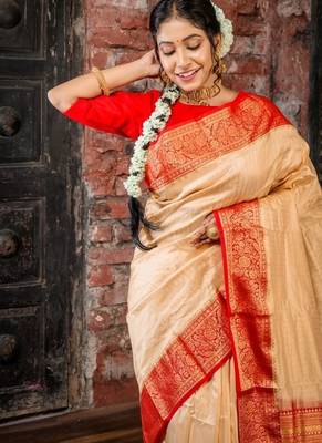 beige hand woven silk blend zari work all seasons sarees 2