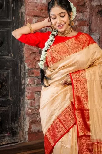 beige hand woven silk blend zari work all seasons sarees