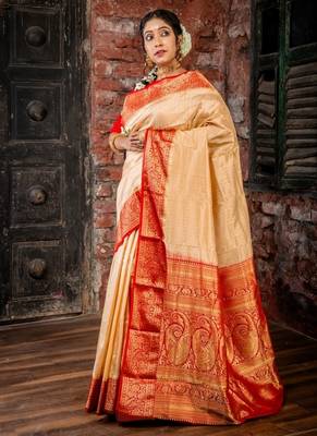 beige hand woven silk blend zari work all seasons sarees 3