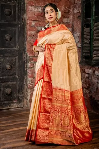 beige hand woven silk blend zari work all seasons sarees