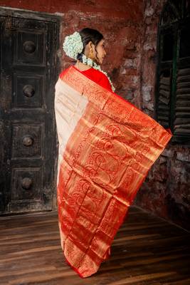 beige hand woven silk blend zari work all seasons sarees 4