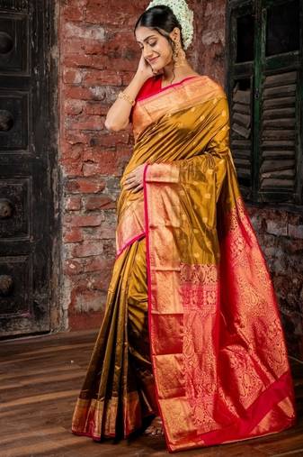 brown hand woven silk blend zari work all seasons sarees