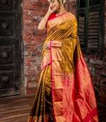brown hand woven silk blend zari work all seasons sarees
