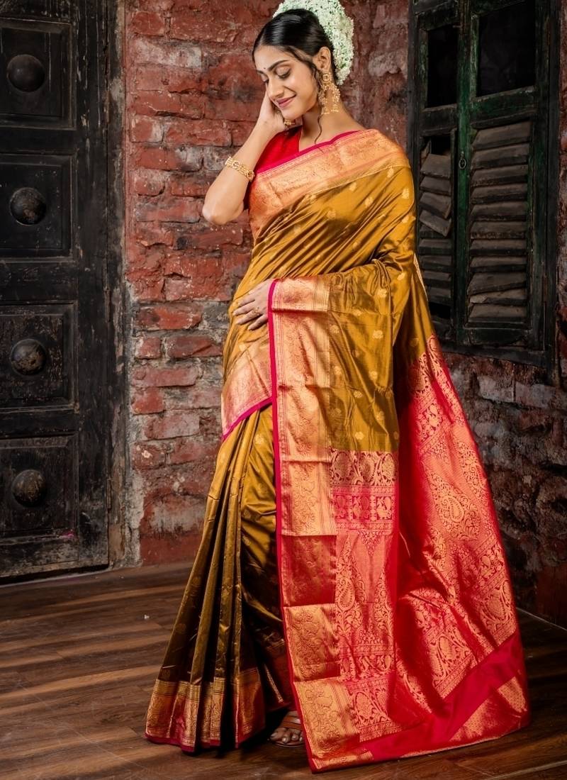 brown hand woven silk blend zari work all seasons sarees